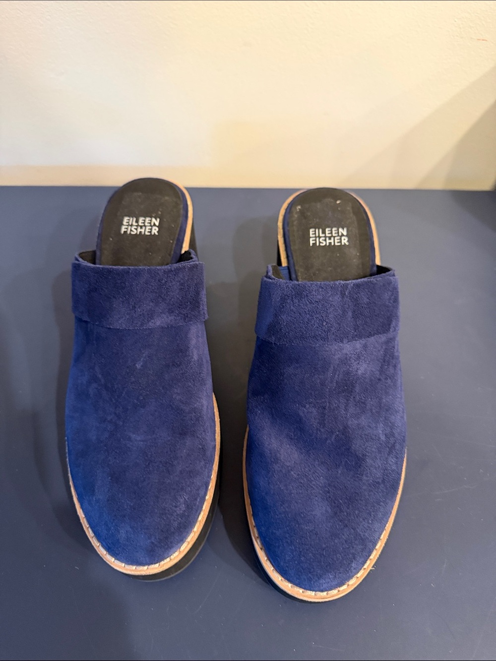 Eileen Fisher Hiya Suede Platform Mules in Deep Navy size 7.5 M